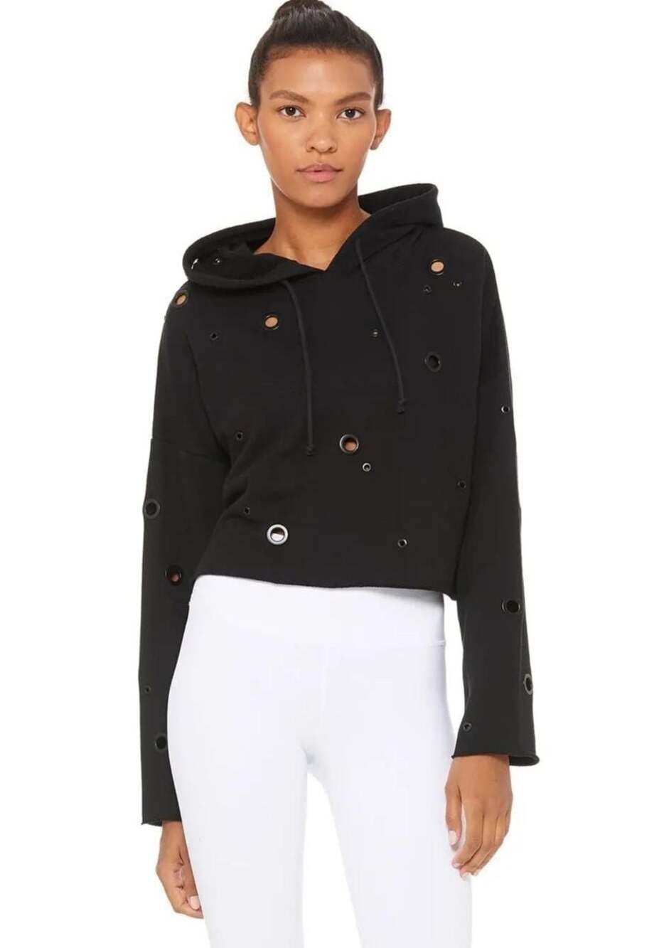Alo Yoga Cadence Grommet Eyelet Cropped Black Hoodie Size Large